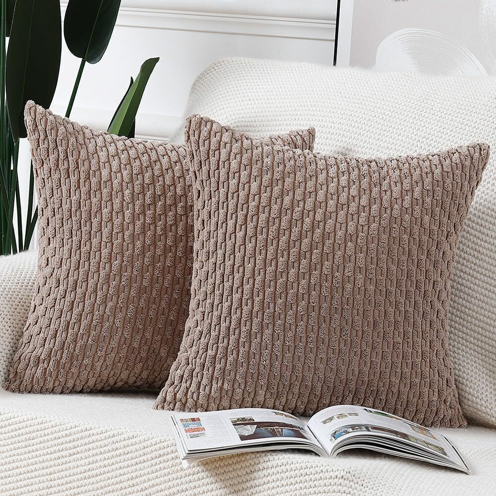 5674 Pack of 2 Boho Corduroy Striped Throw Pillow Covers 18x18 Inch Brown